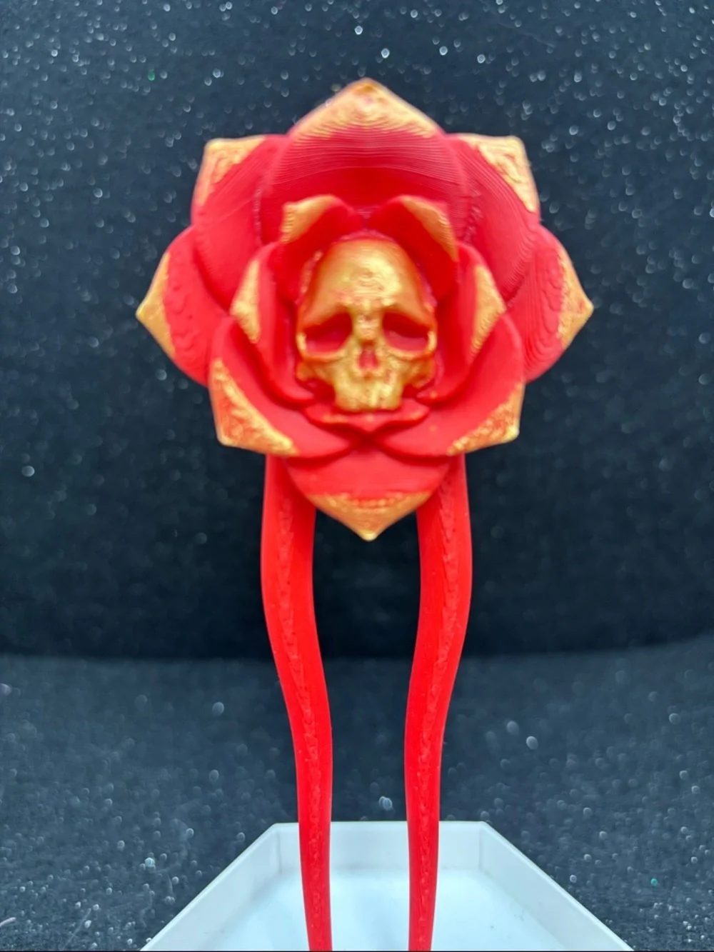 Skull Rose Hair Pin | Hand Painted Red & Gold Gothic Hair Stick | Floral Skull